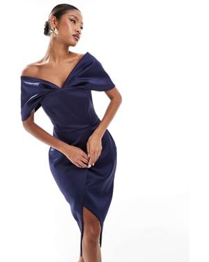 Lavish Alice Draped Bardot Bonded Satin Midi Dress - Blue