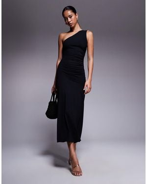 Fashionkilla Exclusive Cotton One Shoulder Ruched Side Maxi Dress - Blue