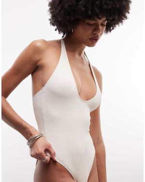 Monki Maillot 1 pièce effet froissé à décolleté plongeant - huître - Blanc
