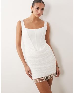 ASOS Crepe Corset Mini Dress With Draped Lace Skirt And Pearl Trim - White