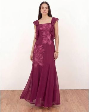 Maya Floral Embroidered Strappy Godet Maxi Dress - Pink