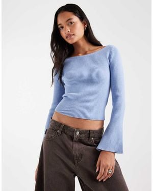 Hollister Knitted Off Shoulder Jumper With Bell Sleeves - Blue