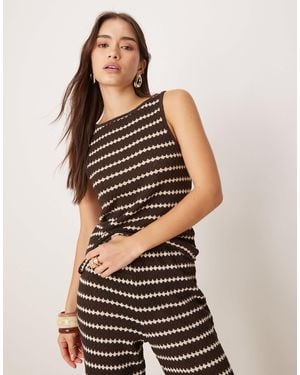 Mango Knitted Slim Fit Boat Neck Sleeveless Striped Top Co-ord - Brown