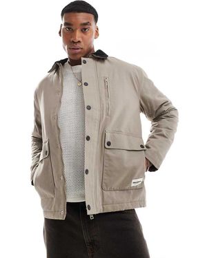 Threadbare Chaqueta Marrón Grisáceo De Lona Con Solapas De Pana De -Beis