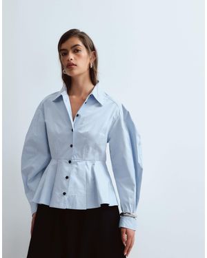 ARRANGE Structured Collared Peplum Shirt With Contrast Buttons - Blue