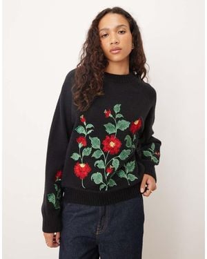 Lovedrobe Floral Embroidery Raglan Sleeve Jumper - Black