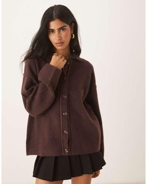 ASOS Knitted Collar Shirt Cardigan With Seam Detail - Brown