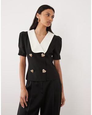 Sister Jane Hearts Contrast Oversized Contrast Collar Heart Button-Up Top - Black