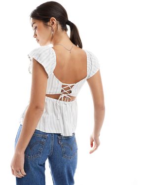 Hollister Top babydoll à manches volantées - vert à rayures - Blanc
