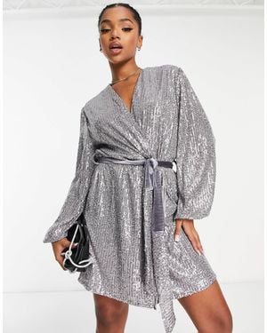 Style Cheat Sequin Wrap Tie Mini Dress - Grey