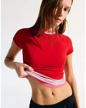 Bershka Short Sleeve Crew Neck T-Shirt - Red
