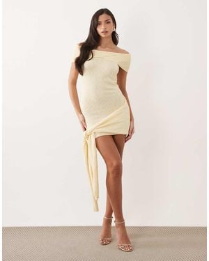 Aria Cove Boucle Knit Twist Bardot Knot Drape Front Mini Dress - Natural