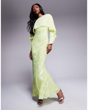 ASOS Long Sleeve Ruffle Bias Maxi Dress With Cape Detail - Multicolor