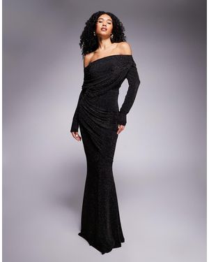 Goddiva Off The Shoulder Gathered Panel Sparkle Maxi Dress - Blue