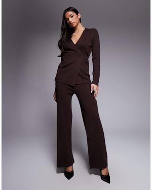 Kaiia Exclusive Ribbed Knit Wide Leg Pants Co-ord - Gray