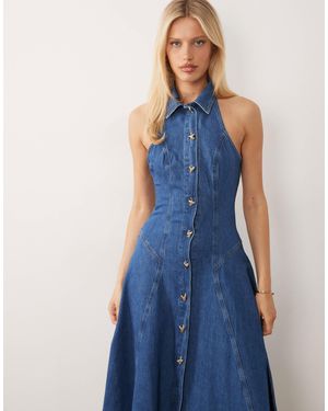 ASOS Denim Pleated Midi Dress With Heart Buttons - Blue