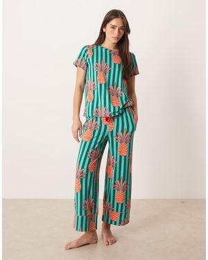 Chelsea Peers Pijama De Manga Corta Con Cuello Redondo Y Estampado De Piñas A Rayas De Punto Liso De -Verde - Azul
