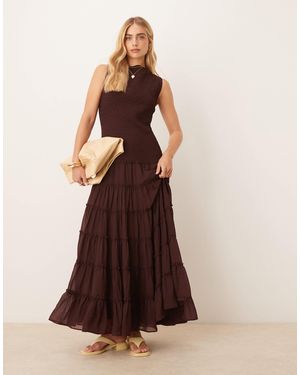 ASOS Shirred Slash Neck Maxi Dress - Brown
