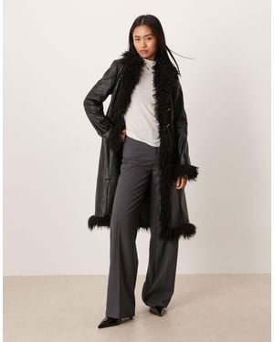 Mango Faux Leather Long Jacket With Contrast shaggy Trims - Black