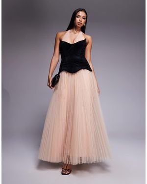 ASOS Hybrid Maxi Dress With Velvet Bonded Bodice And Contrast Pleated Tulle Skirt - Pink