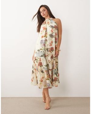 Vila Halter Neck Tiered Midi Dress - Natural