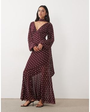 Pretty Lavish Chiffon Plunge Neck Scarf Detail Sheer Volume Sleeve Maxi Dress - Multicolour