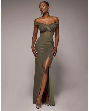 Goddiva Off The Shoulder Corset Waist Mesh Wrap Skirt Soft Touch Maxi Dress - Brown