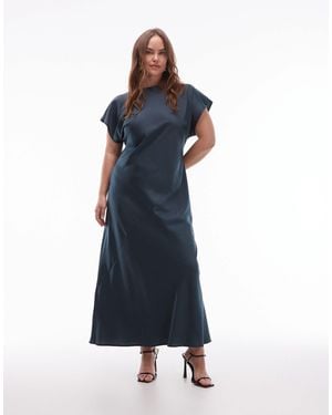 ASOS Asos Design Curve Cap Sleeve Seam Detailing Satin Maxi Slip Dress - Blue