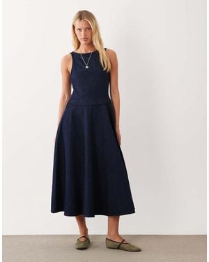 ASOS Denim Circle Hem Midi Dress With Cut Out Detail - Blue
