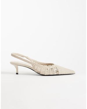 Mango Faux Leather Braided Kitten Heel Slingbacks - White