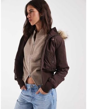 Hollister Cropped Twill Puffer Jacket With Faux Fur Hood - Brown