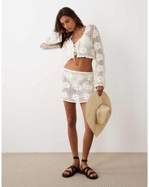 The Frolic Exclusive Crochet Tie Side Mini Beach Skirt Co-ord - Natural
