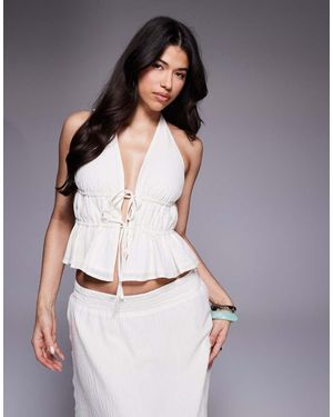 The Frolic Exclusive Linen Look Crinkle Tie Front Halterneck Top Co-Ord - White