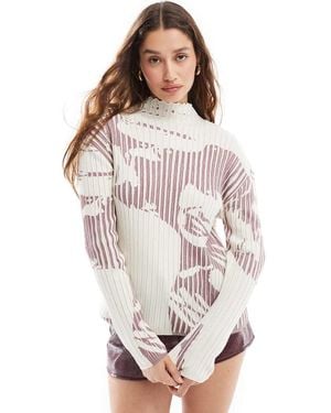 Basic Pleasure Mode Talia Long Sleeve Printed Ribbed Knit Jumper - Pink