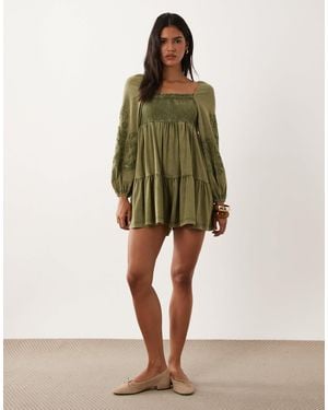 Miss Selfridge Long Sleeve Playsuit With Embroidery - Green