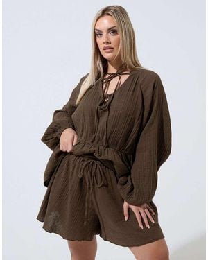 Yours Clothing Cheesecloth Shorts - Brown