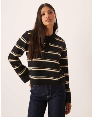Aware Hairy Yarn Knitted Rugby Polo Style Jumper - Black