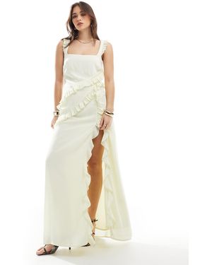 The Frolic Exclusive Ruffle Drape Detail Square Neck Thigh Split Maxi Dress - Metallic