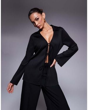 River Island Plisse Tie Front Shirt - Black