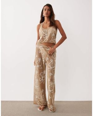 Miss Selfridge Beach Premium Sheer Knit Embroidered Crop Vest Top - Natural