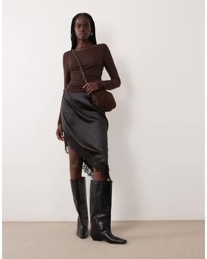 Pieces Asymmetric Lace Trim Satin Mini Skirt - Black