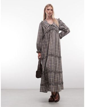 Daisy Street Long Sleeve Smock Maxi Dress With Big Collar - Grey