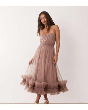 LACE & BEADS Tulle Bandeau Midi Dress With Frill Hem - Brown