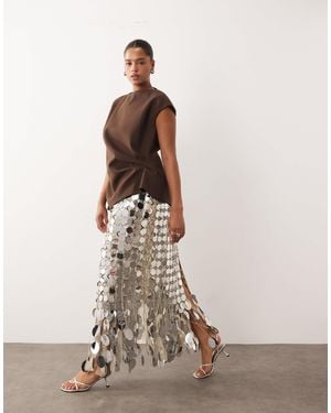ARRANGE Curve Futurist Sequin Fringe Hem Midi Skirt - Natural