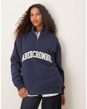 Abercrombie & Fitch Front Logo Fleece Quarter Zip Sweatshirt - Blue