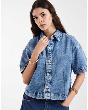 Pieces Camicia Di Jeans Squadrata Medio - Blu