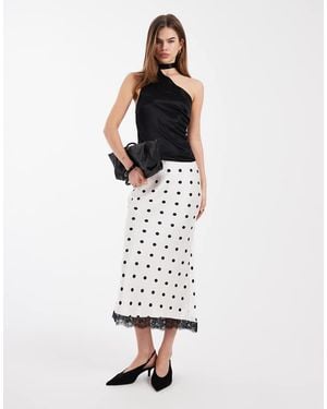 New Look Polka Dot Lace Trim Satin Midi Skirt - White
