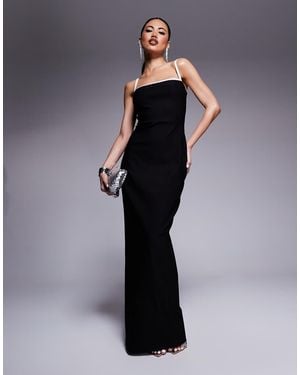 Vesper Bengaline Square Neck Contrast Piping Bodycon Maxi Dress - Blue