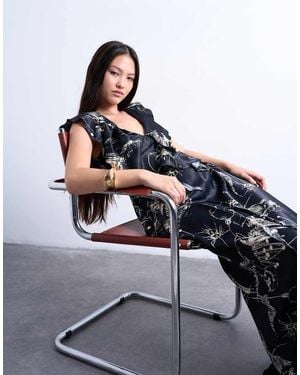 TOPSHOP Vestito Lungo Monocromatico Con Stampa A Fiori, Cuciture Grezze E Volant - Blu