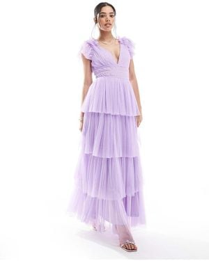 LACE & BEADS Bridesmaid Ruffle Shoulder Tulle Maxi Dress - Purple